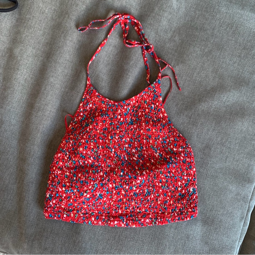 Urban Outfitters Red Floral Smocked Halter Crop Top